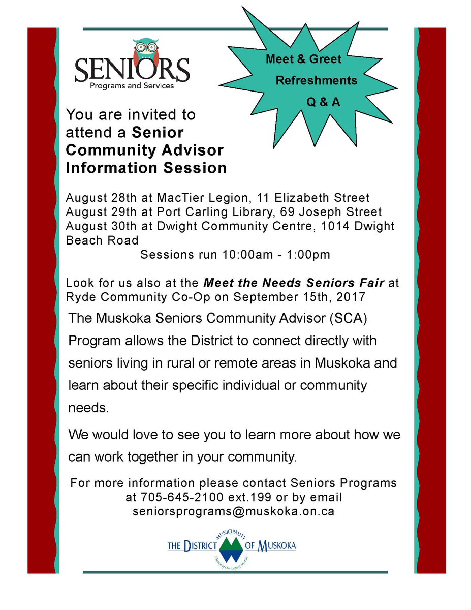 Senior Community Advisor (SCA) Info Sessions in MacTier, Port Carling &amp; Dwight. ow.ly/gzt230esqM7