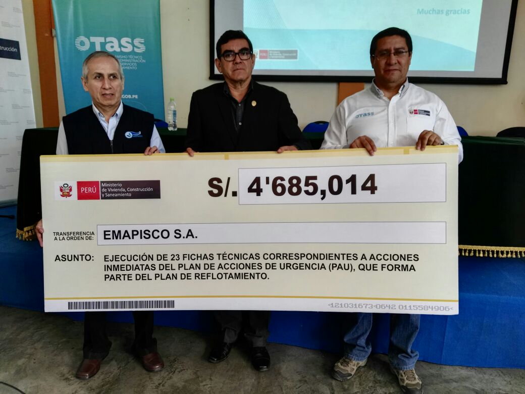 OtassPeru's tweet photo. [#AHORA] #Emapisco recibe transferencia de más de 4 millones de soles de @viviendaperu y #OTASS para ejecutar plan de acciones de urgencia. https://t.co/xwmjrZpWdt