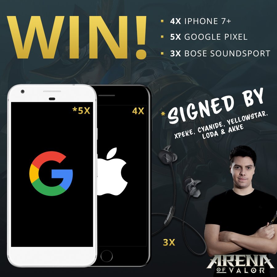 ESL Arena of Valor (@eslarenaofvalor) on Twitter photo Need a new phone to play <a href="/ArenaofValor/">Arena of Valor</a>? We're giving away iPhones and Google Pixels! RT! #gamescom2017
Enter at esl.gg/aovraffle Need a new phone to play <a href="/ArenaofValor/">Arena of Valor</a>? We're giving away iPhones and Google Pixels! RT! #gamescom2017
Enter at esl.gg/aovraffle