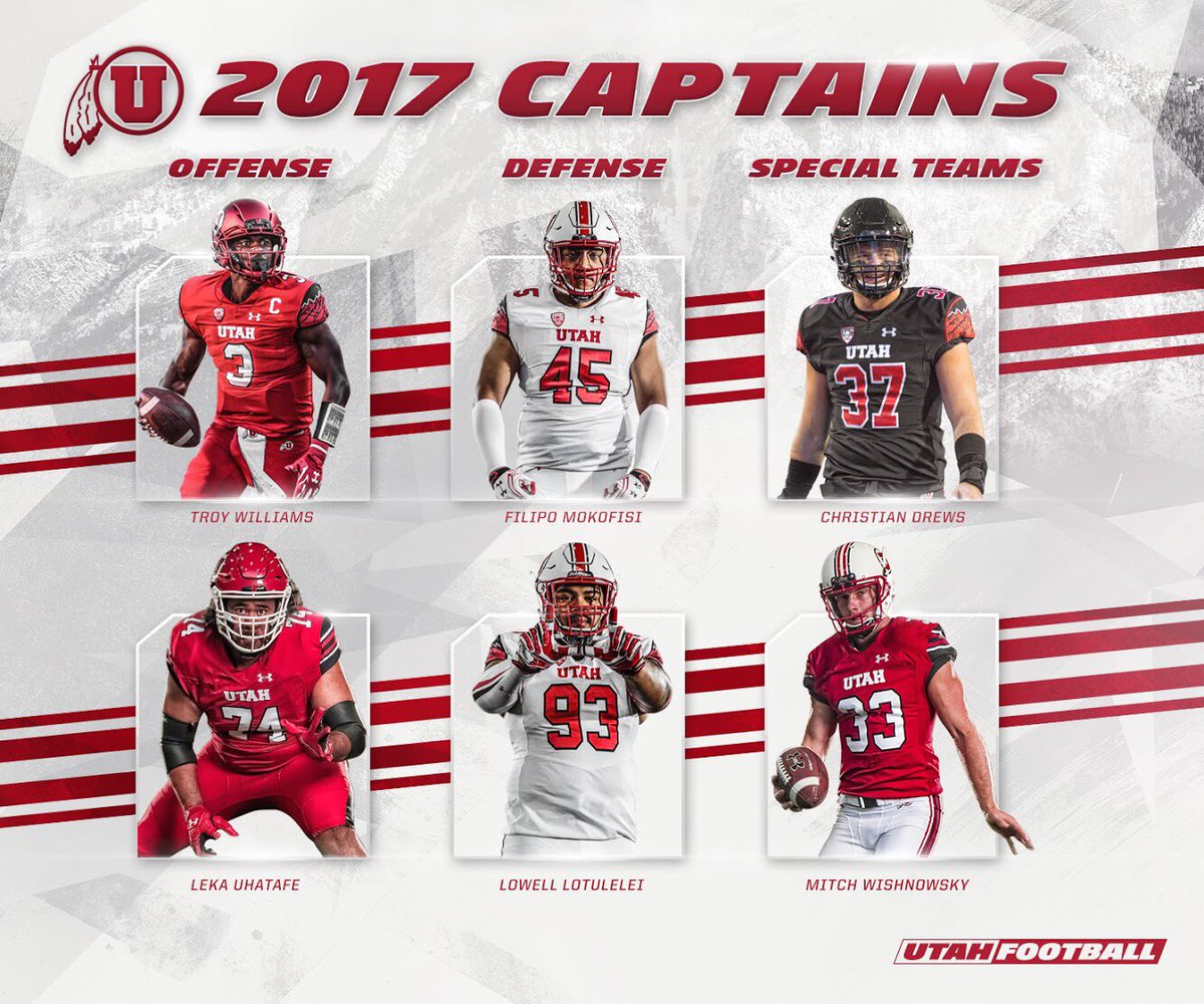 Utah_Football's tweet photo. Your 2017 Utah Football Captains:

@TroyWilliams_3 @5ilipo @cdrews20 @salesi_u @llotulelei @mitchwish #GoUtes https://t.co/ILqAuGKDku