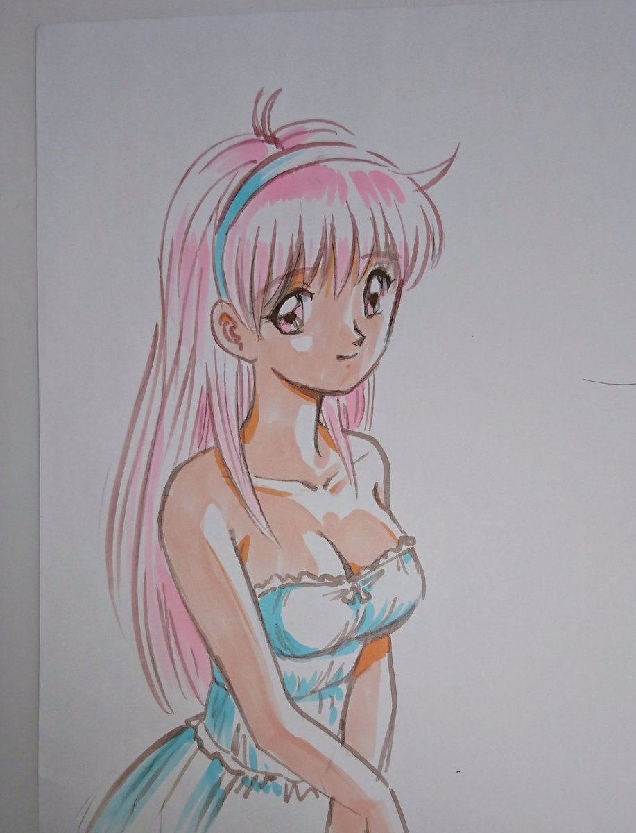 宮尾岳 A Twitter 詩織メイキング 鉛筆ラフからコピックマーカーの茶色で主線をペン入れ 同じくコピックでカラー化 画像処理ソフトの夕焼けと合成 色調を整える アナログとデジタルの混ぜこぜだね