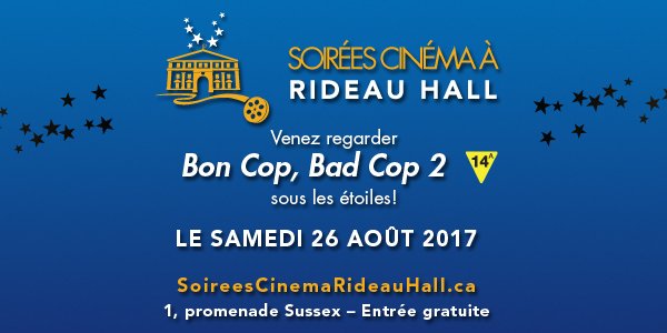 RideauHall's tweet photo. Venez profiter d’un film sous les étoiles aux Soirées cinéma à #RideauHall le 26 août! #GGcinéma #BCBC2 https://t.co/8tTo61i76f https://t.co/IaVPvmUxi1