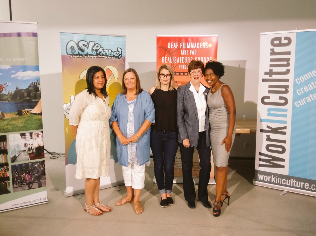 workinculture's tweet photo. Our ED Diane Davy, with @Harindermalhi and the @DeafCulture team for the @ExploreON #OntarioCultureStrategy announcement #artsjobs #onarts https://t.co/9Ne1PcVGsI