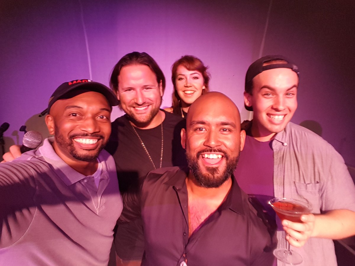 GoMuMoLA's tweet photo. Stage selfie (l-to-r) with host @the79show, performers @Matevus, Hayley Smith, Bobby Laumea and Matthew Ballestero at this week's live show. https://t.co/VMgtaYsTj4