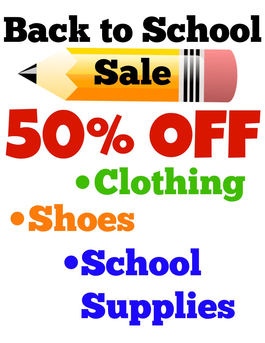 Its that time of year again! Enjoy 50% off clothing, shoes, and school supplies now until Saturday August 19th.