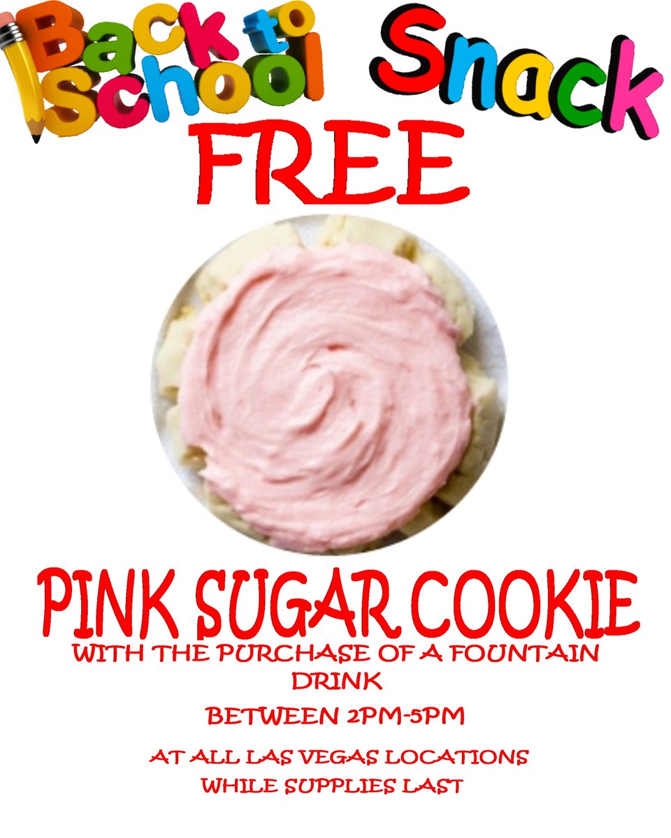 FabFreddys's tweet photo. Visit our Las Vegas stores between 2pm-5pm until 8/31/17 and get a FREE Pink Sugar Cookie with the purchase of a fountain drink! #fabfreddys https://t.co/fDOQzCavv7