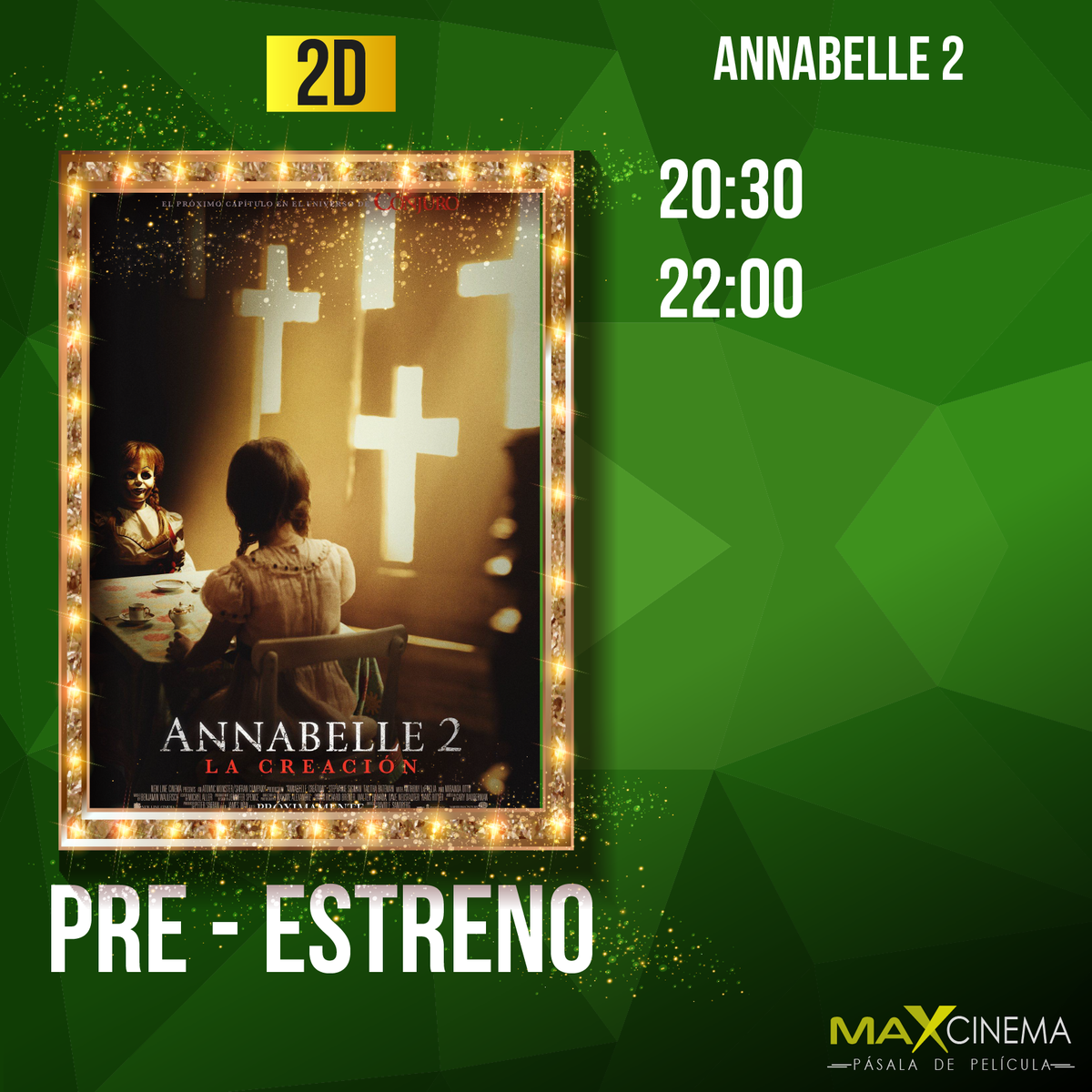 MAXCinemaEC's tweet photo. ¡Esta es nuestra cartelera para hoy en #Maxcinema!
Hoy es el Pre estreno de #Annabelle2 y disfruta los increíbles precios del #JuevesMáximo. https://t.co/NjYvUytbrd