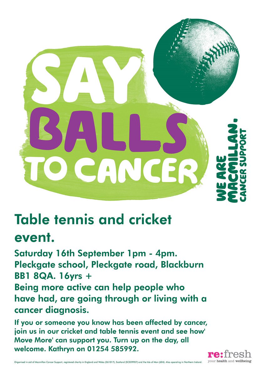 SAY BALLS TO CANCER! ⚾⚾
Join us in our cricket and table tennis event For more information contact Kathryn on 01254 585992.
@MacMoveMore