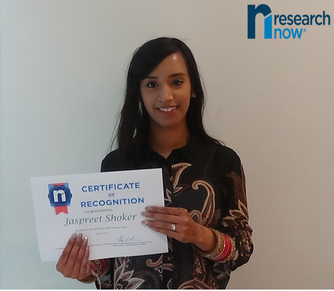 RN_EMEACareers's tweet photo. Congratulations to Jaspreet for being with Research Now for 5 Years and counting! #Certificate of #Recognition #London #LifeatRN #WorkatRN https://t.co/ynmw570uxU
