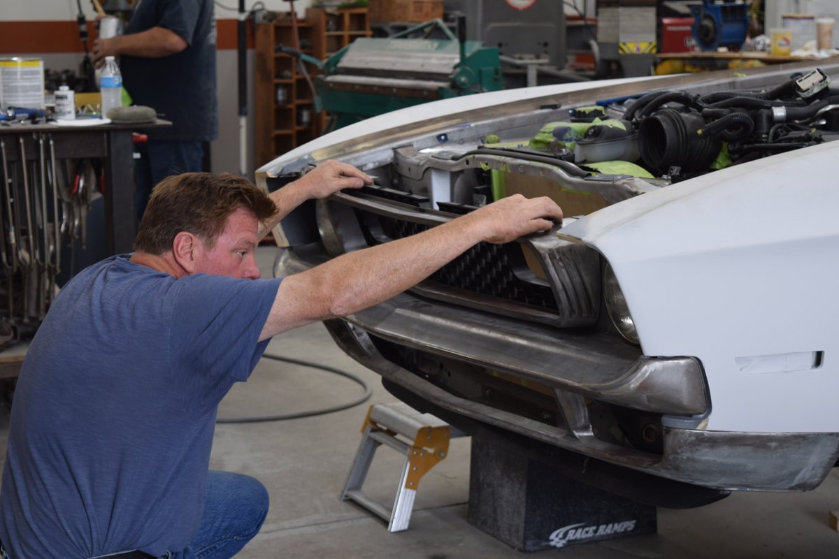 Checking fitment on the #machfoose grille. This '71 Mustang Mach1 debuts Tues 10/31 in the #BASF @RefinishNews booth at the @SEMASHOW