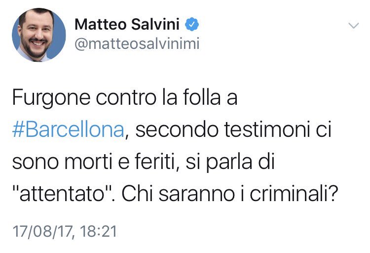 Chi vede solo elettori 
e non riesce neanche in questi momenti a pensare alle persone coinvolte e colpite.

#Barcellona 
#Ramblas