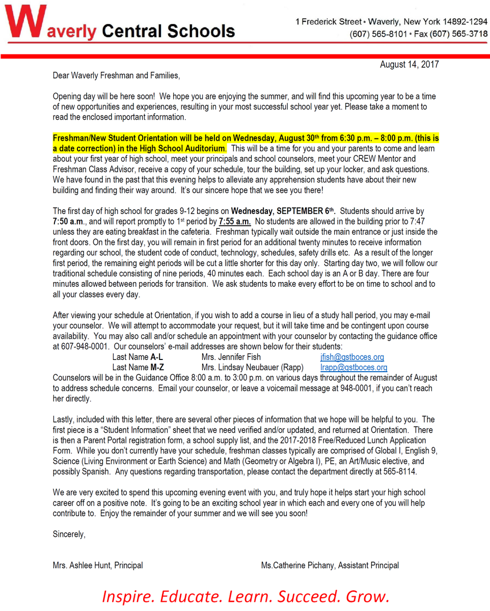 HS- Welcome Class of 2021! This letter, and other info. was mailed to 9th grade families this week! Note the date change on this version.