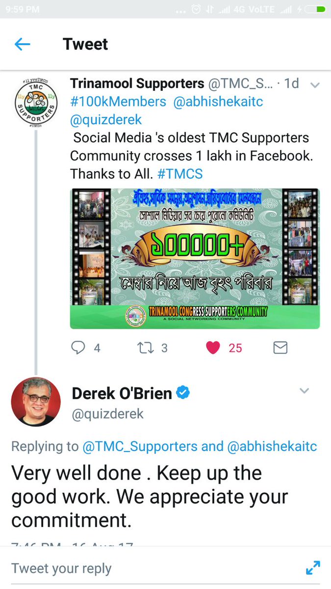 debdattatwit's tweet photo. Retweeted Trinamool Supporters (@TMC_Supporters):
#100KTMCS @quizderek THANKS SIR , we will give more effort in our works in social media https://t.co/wnoNDS8V3r