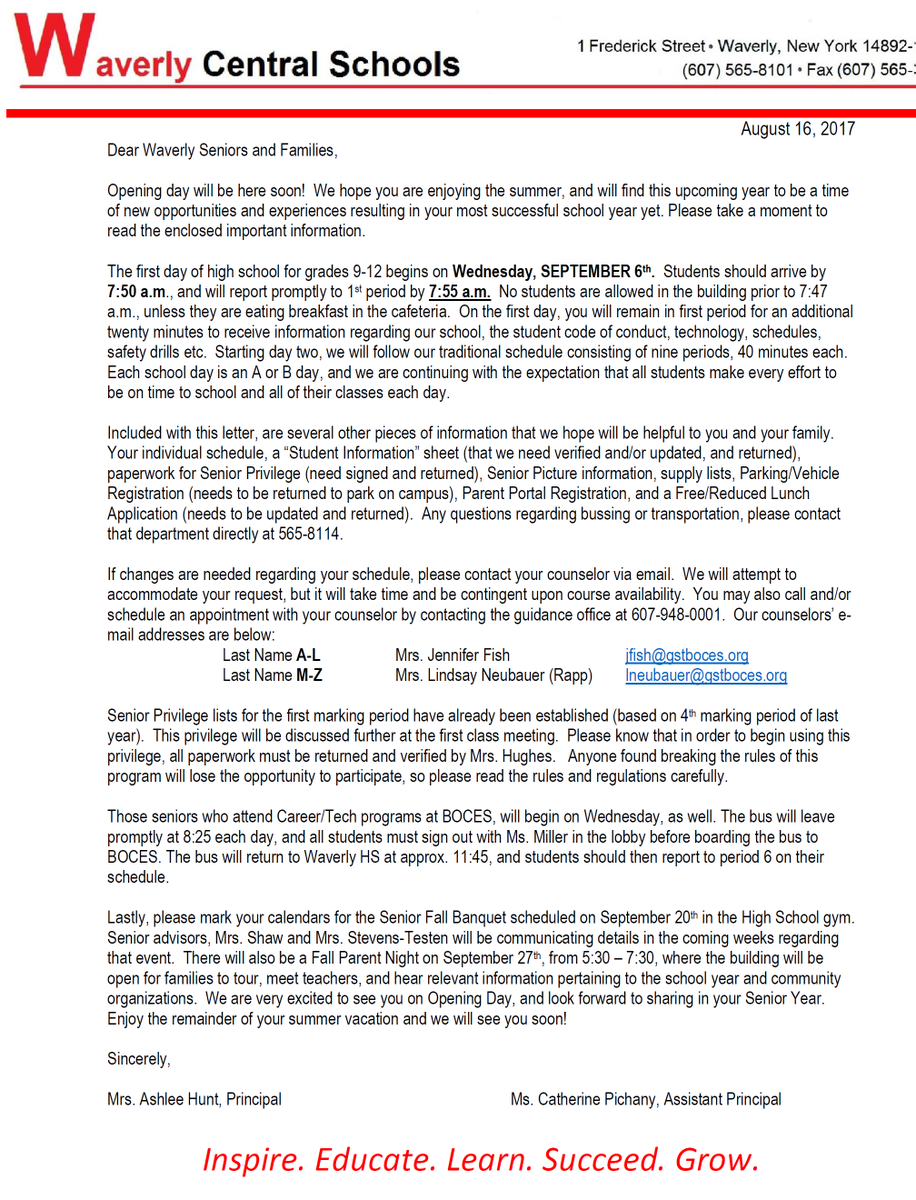 HS- Welcome Back Class of 2018...SENIORS!! This letter, and other information, was mailed home this week! Hope you are enjoying your summer!