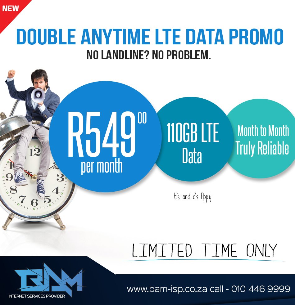 Need Rocket-Fast Internet Speed with no land line &amp; no contracts? Then you need BAM LTE-A!

Visit bam-isp.co.za