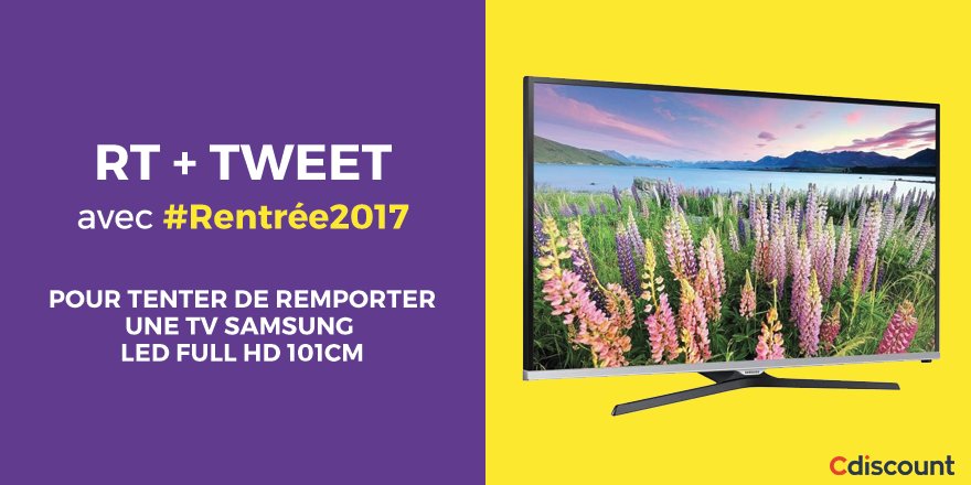 Cdiscount's tweet photo. 🚀 Pour participer : 
RT + Tweet #Rentrée2017 

📺  TV Samsung 40" ➝ https://t.co/sC3Fh5NRWy  

🚨 Follow @Cdiscount

🏁 TAS 28/08

🎁 #Concours https://t.co/cJuEt7eEEl
