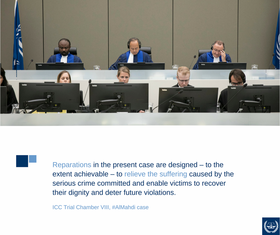 IntlCrimCourt's tweet photo. #ICC Judges: #Reparations to relieve the suffering and enable victims to recover their dignity + deter future violations #AlMahdi case https://t.co/D7vlCr2ike