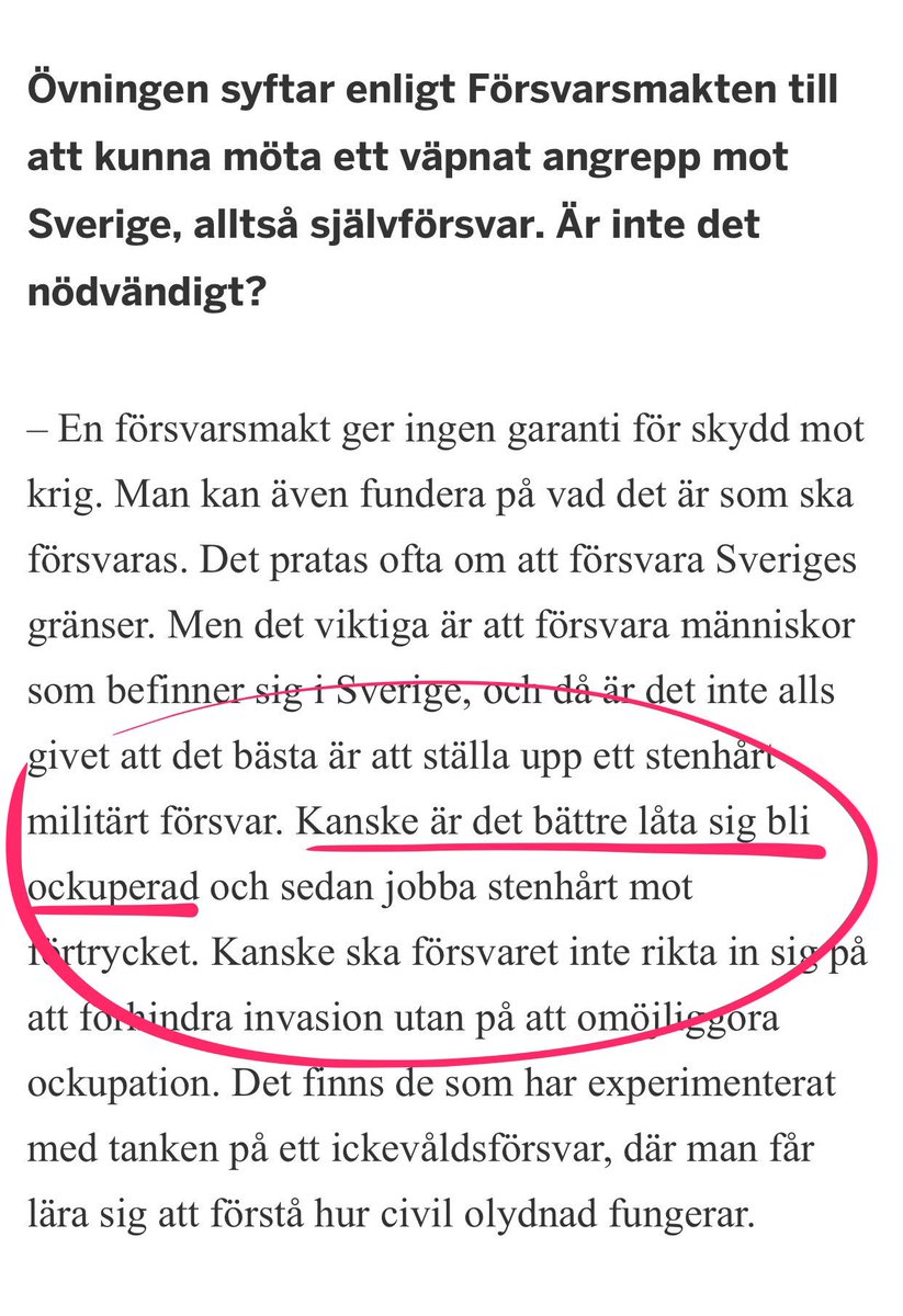 Jag är mållös 

Snubbe från fredsrörelse föredrar ockupation av främmande makt framför ett försvar av Sverige vid krig.