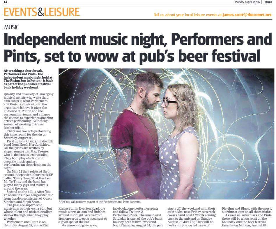 Thanks to Biggleswade Edition <a href="/thecomet24/">The Comet</a> for today's preview article for Sat 26/08/17 with @StClairmusicuk <a href="/afteryoumusic/">After You</a> <a href="/RisingSunPotton/">Rising Sun</a>