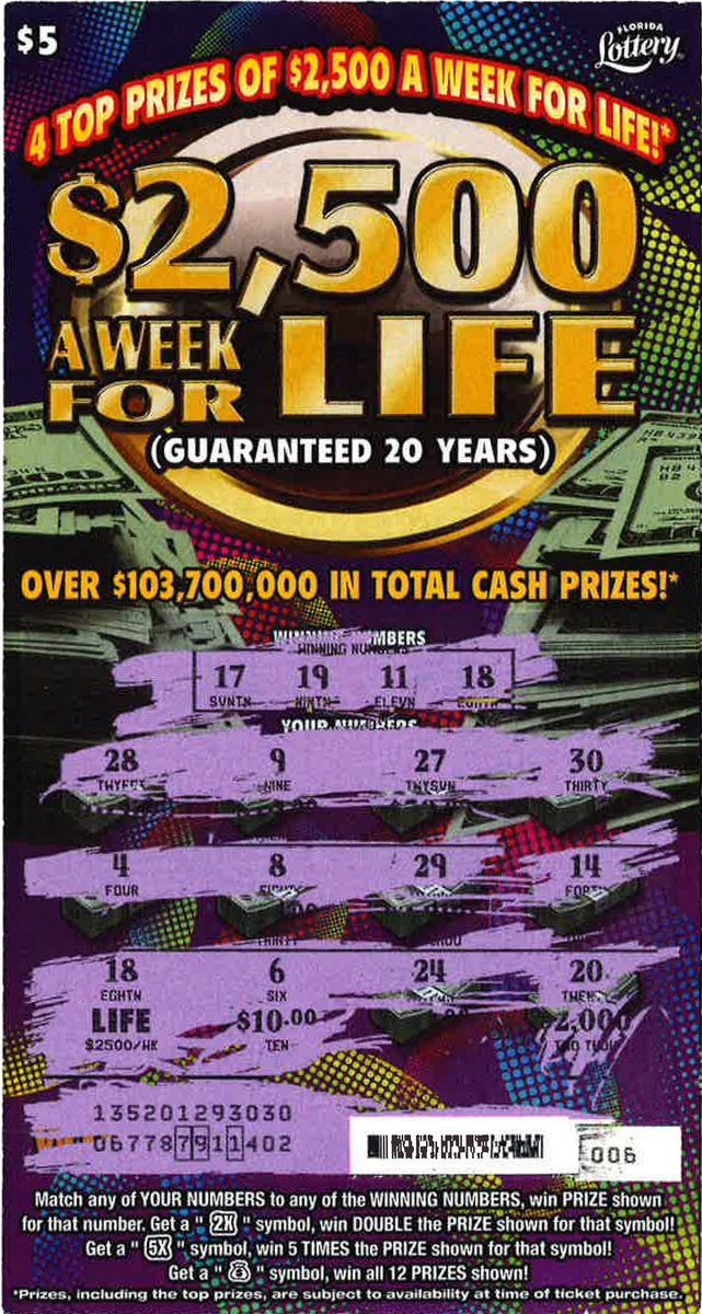Florida Lottery On Twitter Rt To Congratulate Paulo Morales Marquez From Homestead For Claiming The First 2 500 A Week For Life Top Prize From The New 5 Scratch Off Https T Co Pwoqg8hmsx