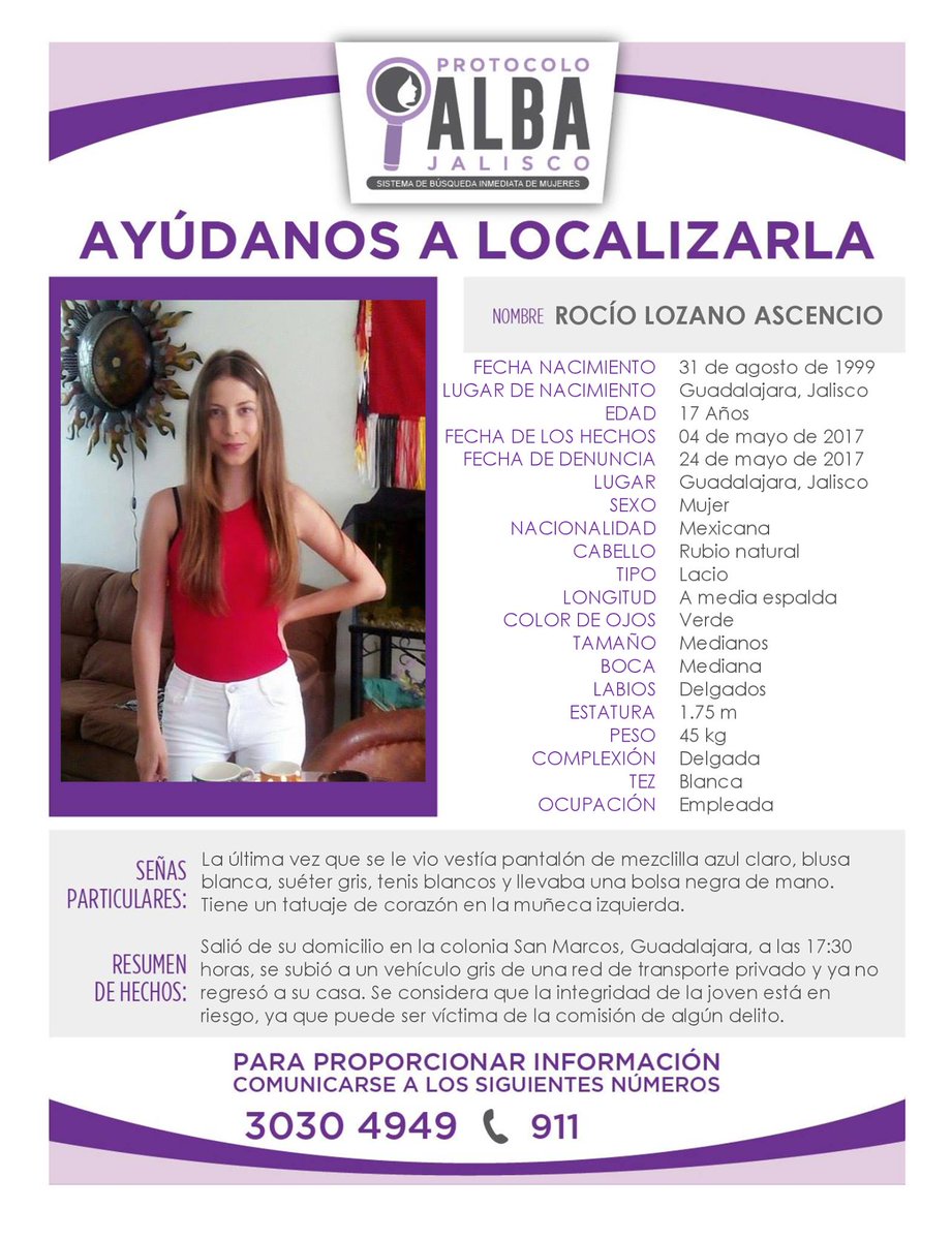 #ProtocoloAlbaJal>> Comparte y ayuda en la búsqueda y pronta localización de la joven ROCÍO LOZANO ASCENCIO, de 17 años de edad.