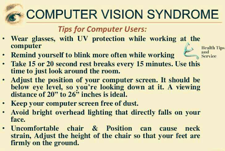 htns29's tweet photo. Computer Vision Syndrome
Tips For Computer User
#visionsyndrome #protecteye #htns29 #healthtipsandservice #eye #eyetips #neckstrain #uvlight https://t.co/J4svhUnrIN
