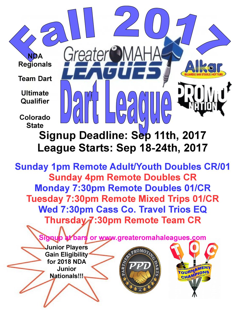Join us for our Fall dart leagues...we are now a member of the PPD &amp; TOC!!! Don't miss out on the largest payouts in soft tip darts!