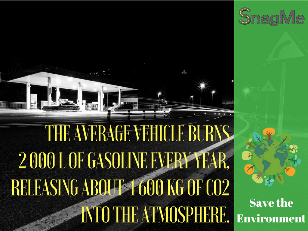 snagmeapp's tweet image. The average vehicle burns 2000 L of gasoline every year, releasing about 4600 kg of CO2 into the atmosphere  #SaveTheEnvironment #SnagMe 🚗