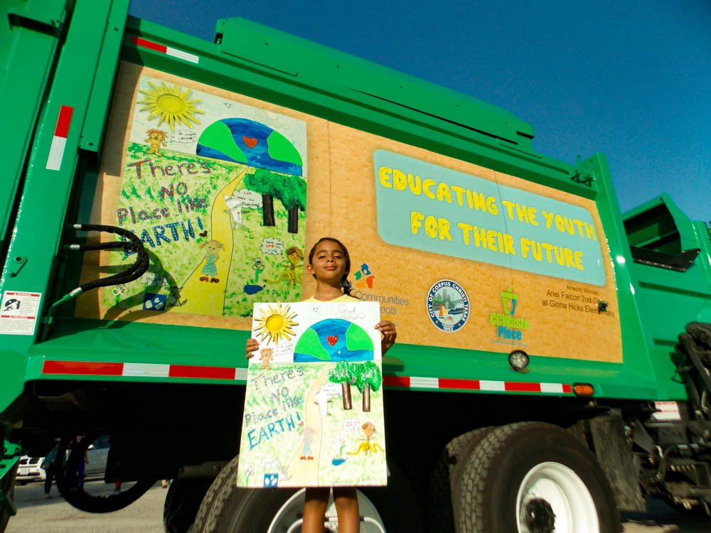 cityofcc's tweet photo. Congratulations to Crystal Posada and Ariel Falcon for their recycling artwork! We unveiled our newest fleet additions wrapped in their art! https://t.co/8QAnPgLOGd