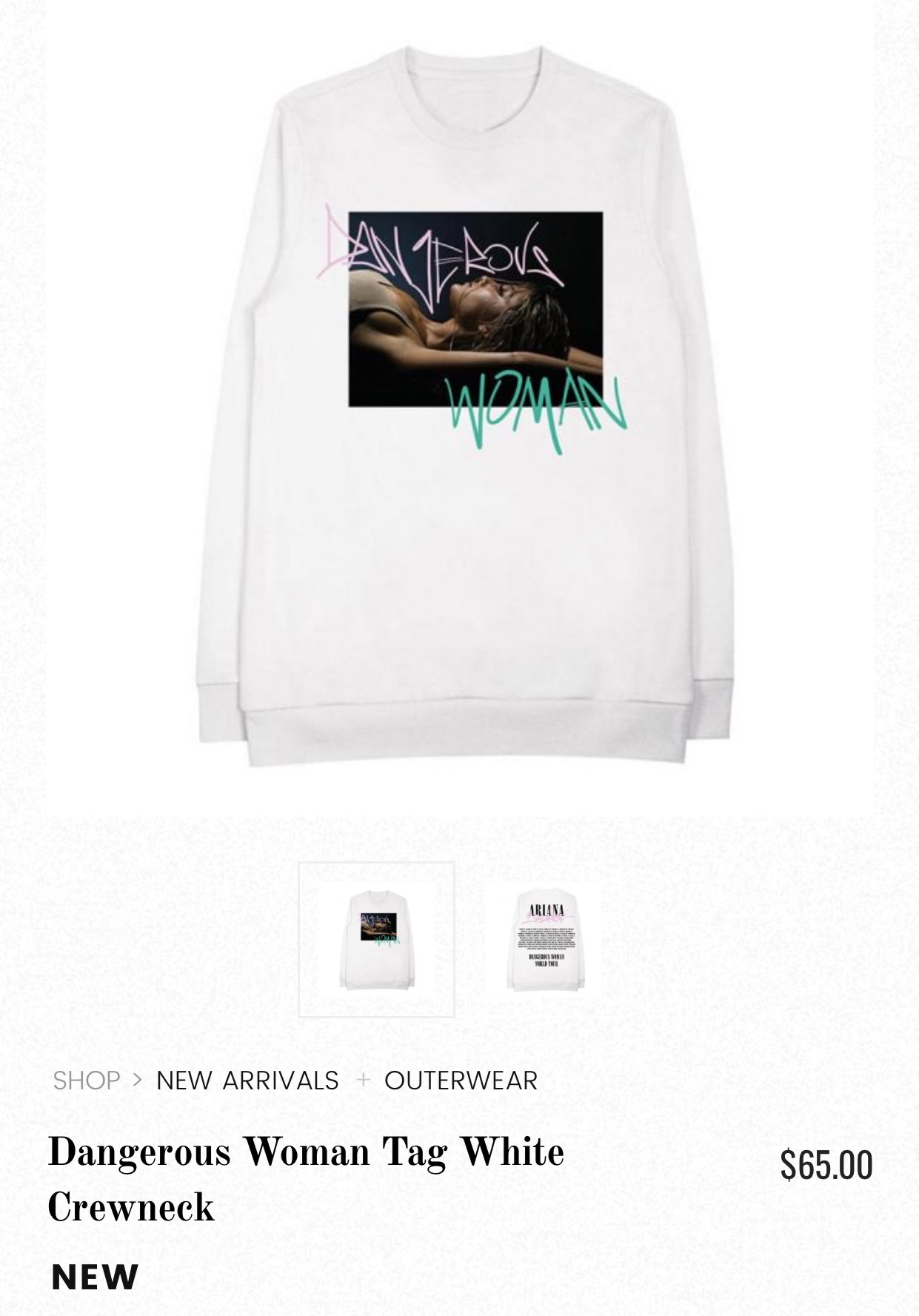 Grande Tour News on X NEW MERCH Dangerous Woman Tag White Crewneck Price 65 https t 5JXnkMzz9Y X