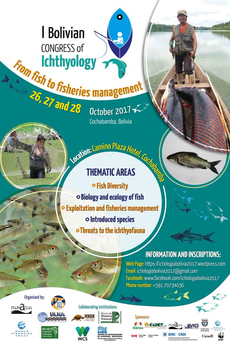 Faunagua's tweet photo. First Bolivian Congress on Ichthyology ("From Fish to Fisheries Management") from 26 to 28th of October 2017. See the oficial announcement. https://t.co/esdSIGfxXM