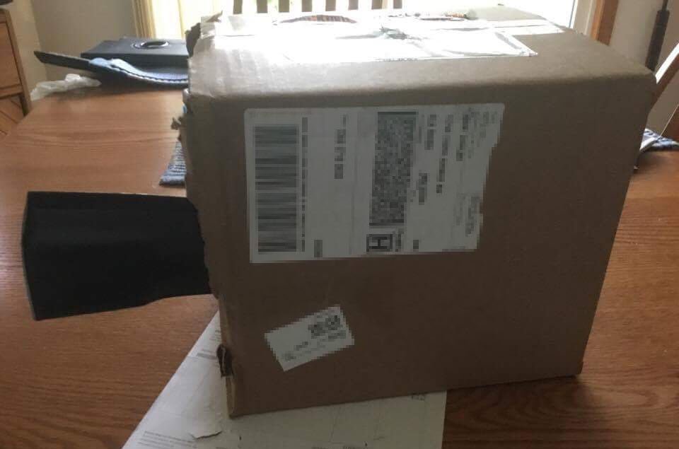 jstammer's tweet photo. @walmarthelp - Ordered a hitch draw bar &amp; ball for my parents and this was delivered to them. A lawn mower blade sticking out of a box. https://t.co/yFPrNa28iL