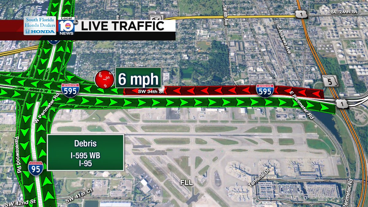 Heavy delays on I-595 WB at I-95 due to debris blocking 3 lanes! #traffic https://t.co/F18rNBQ24u