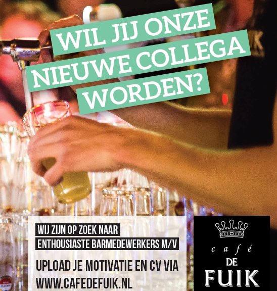 Ben jij twee avonden (of min. 12u) p.w. beschikbaar en wil jij de leukste bijbaan van #Nijmegen? Solliciteer dan: cafedefuik.nl/solliciteren! 💪