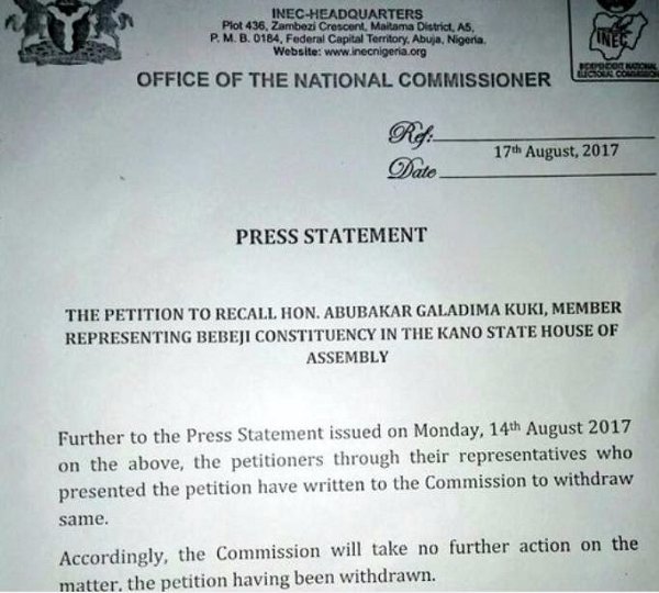 Constituents withdraw letter to INEC seeking recall of Kano lawmaker, Hon. Abubakar Kuki as election management body stays action.