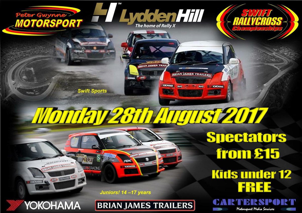 SwiftRallycross's tweet photo. Round Six - Monday 28th August @LyddenHill 

Join us for a @BritishRallyx #action packed day of #rallycross 

#bankholiday #racing 
🏁🚗🚗🚗🚗💨💨💨 https://t.co/wrAMD25URy