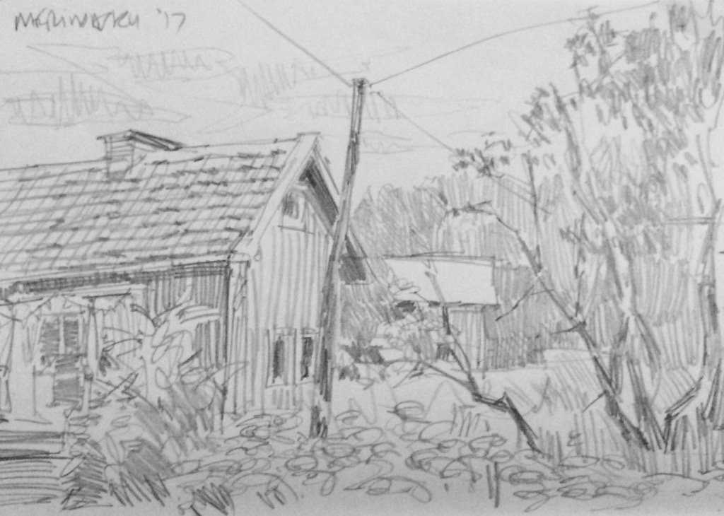 nochagall's tweet photo. Pencil sketch of traditional Finnish buildings #turku #merimasku #finland #sketchbook https://t.co/V5YGRHbJJ5