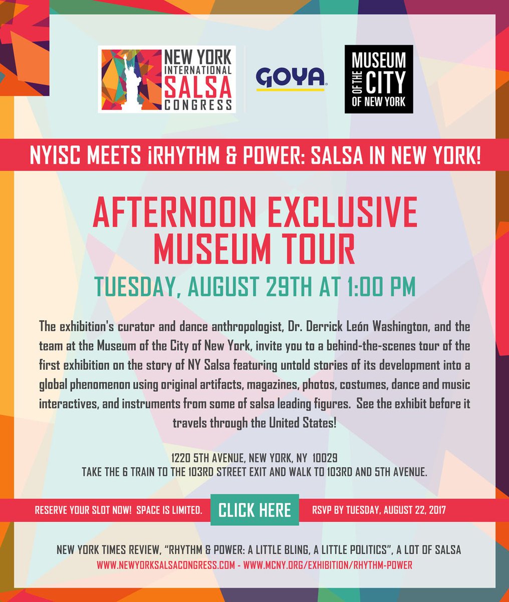 NYSalsaCongress's tweet photo. Join us for an exclusive tour at the @MuseumofCityNY during our NY Salsa Week of events on Tues, 8/29 #RhythmandPower #RitmoyPoder https://t.co/L2DkdPbMKh
