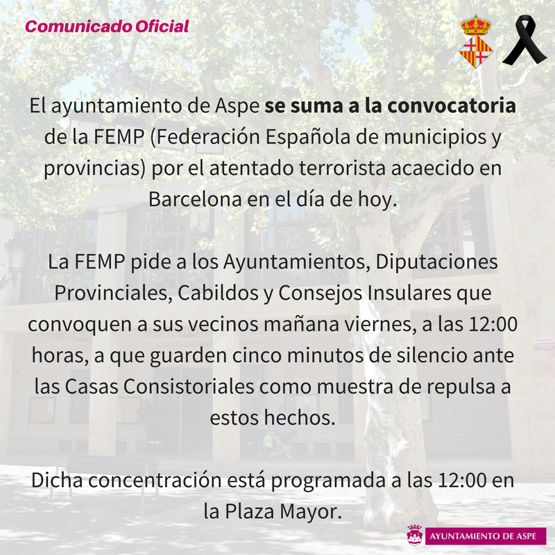 aytoaspe's tweet photo. #Aviso.

Condenamos el atentado en Barcelona y nos solidarizamos con el dolor de las víctimas. https://t.co/TwASfkZ5iR