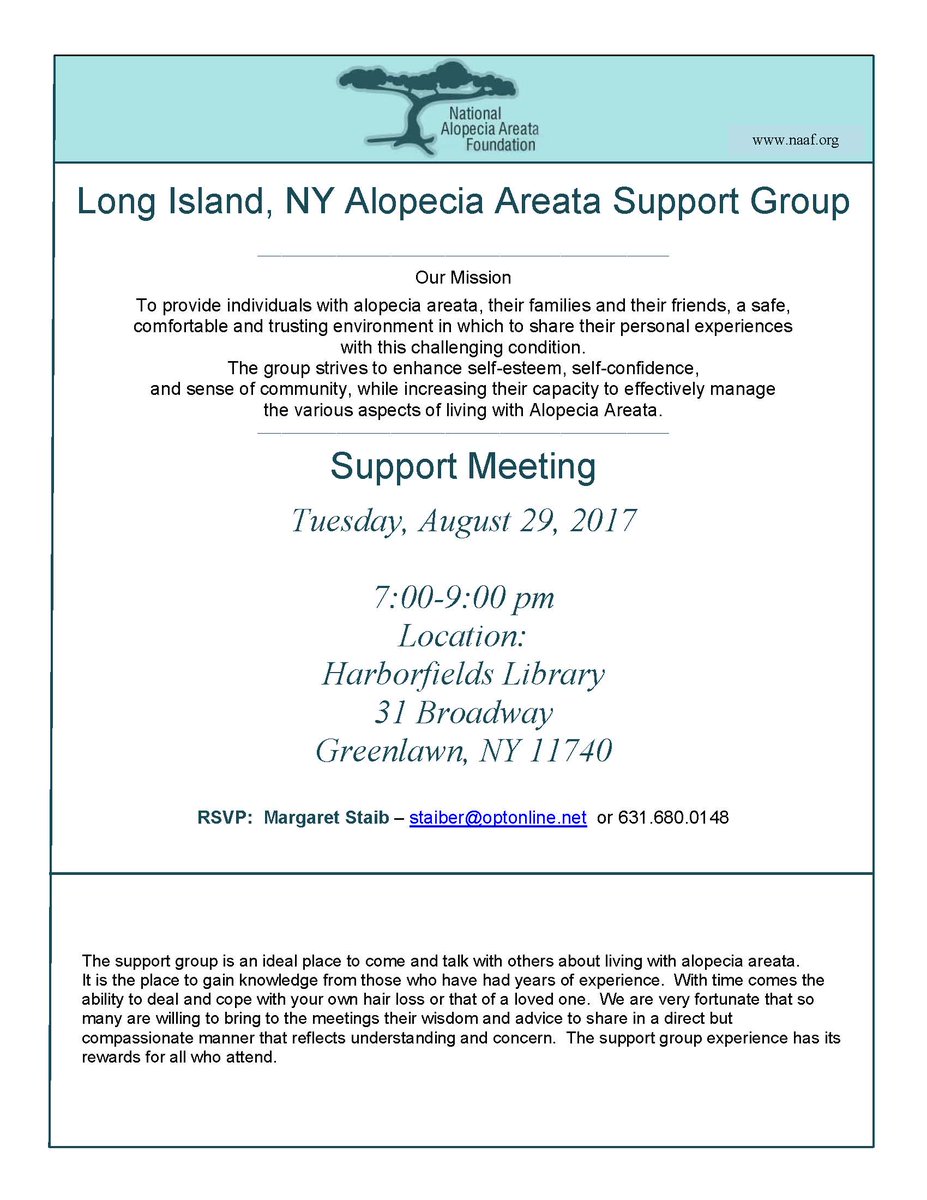 NAAF_org's tweet image. Long Island, NY Support Group meets Tuesday, August 29.
#naaf #alopeciaareata #PDFF #HearUs