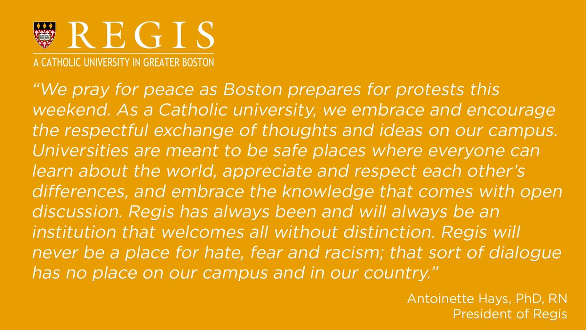 RegisCollege_MA's tweet photo. President Hays issues a statement regarding recent events and the expected protests in Boston: https://t.co/TytISnkZ5U https://t.co/QAbMt7Og9m