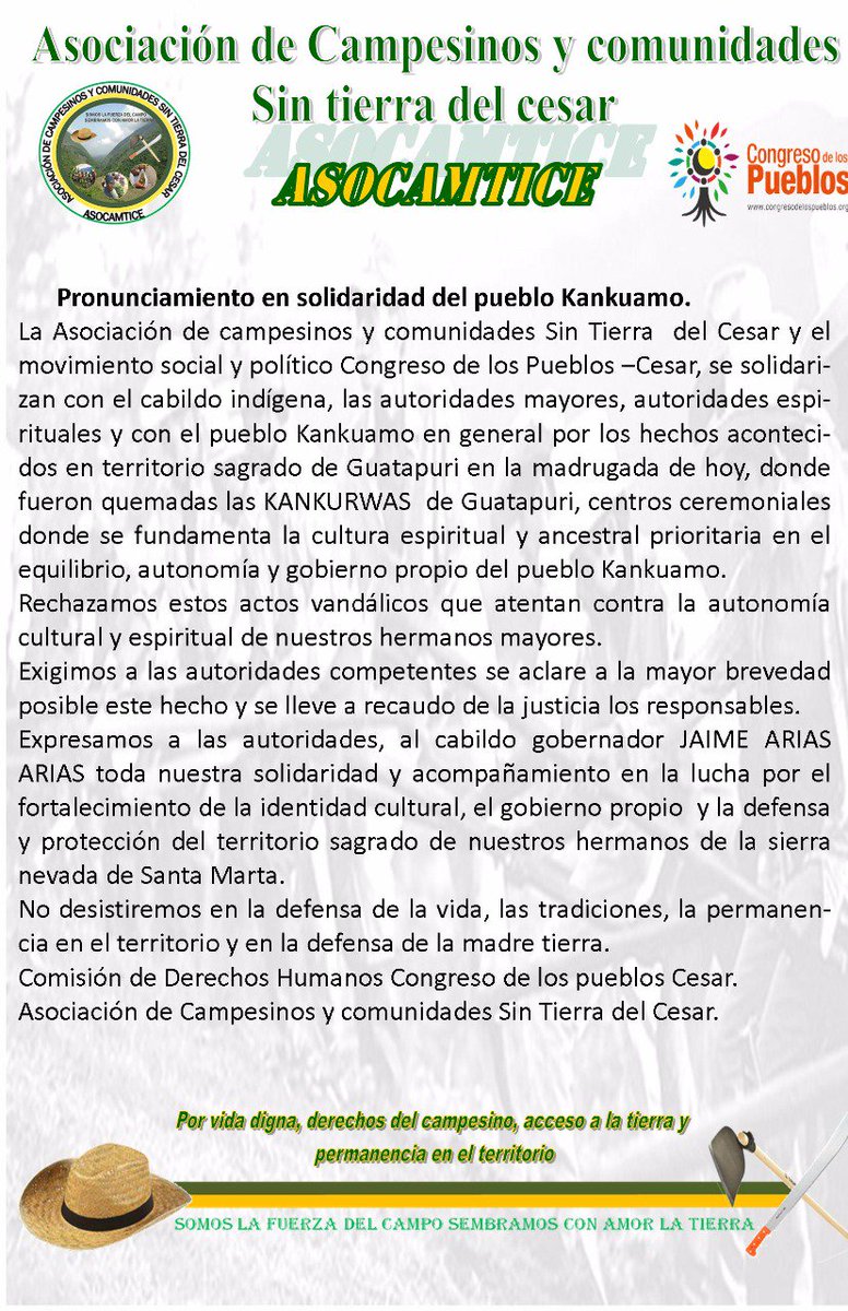JOHNBOLIVARACOS's tweet photo. Solidaridad con el pueblo Kankuamo de la sierra Nevada por la quema de sus dos Kankuruas en el corregimiento de Guatapuri https://t.co/gwyfPBGPt6