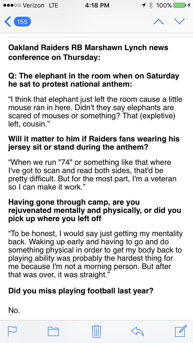 RapSheet's tweet photo. #Raiders RB Marshawn Lynch, who spoke with local reporters today, remains a national treasure. I mean... 👇🏽 https://t.co/19v59QkbEQ