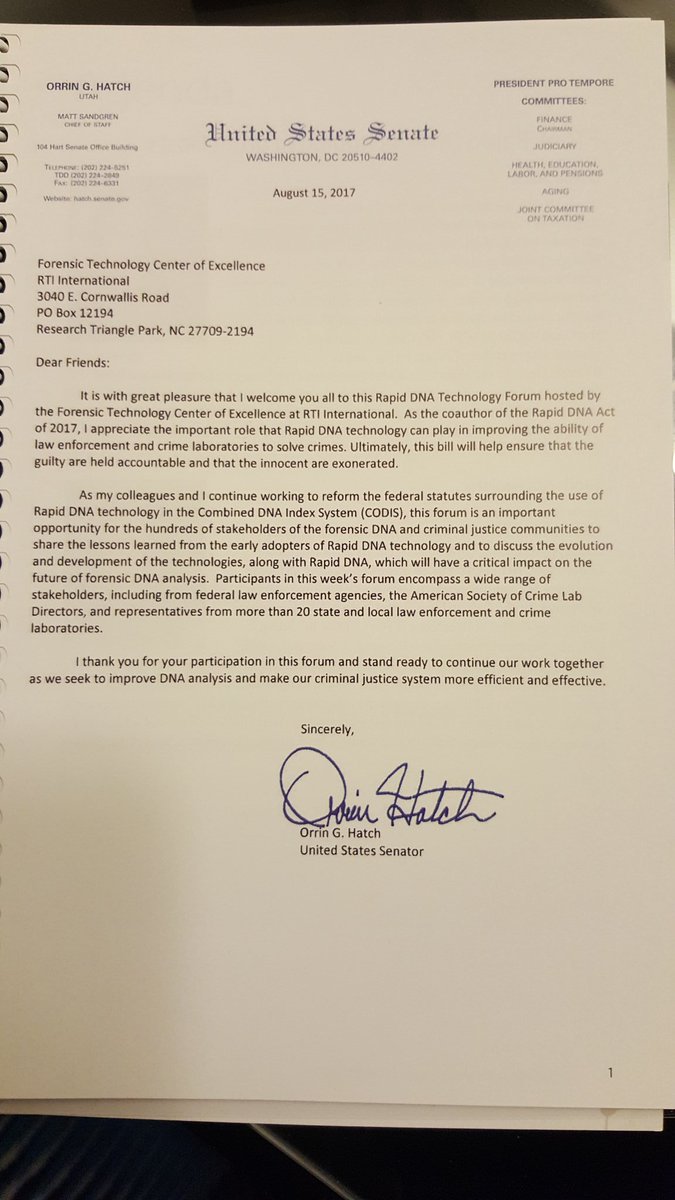 dslackette's tweet photo. @senorrinhatch, thank you for the welcome letter for the @ForensicCOE successful forum this week. This is a big week for #rapidDNA! #ftcoe https://t.co/SrH2X0N8YS