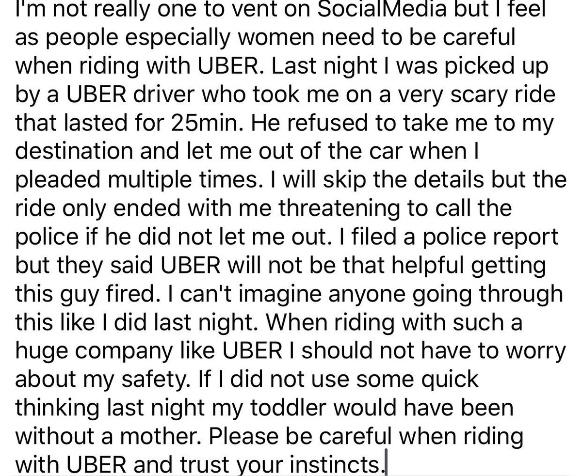 CaterinaLopez's tweet photo. Please read if you take @Uber I had a horrible experience last night #uber https://t.co/FpocDlnLg3