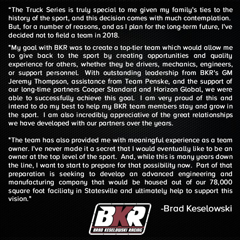 TeamBKR's tweet photo. STATEMENT: Brad @Keselowski Racing to End Operations Following 2017 @NASCAR_Trucks Season
For release, please visit: https://t.co/EVxIhR6V6s https://t.co/TFJEUxhe90