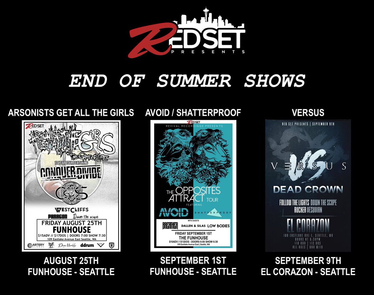 RedSetPresents's tweet photo. END OF SUMMER SHOWS!
Featuring @agatg, @AVOIDpnw, @vsbandofficial, &amp; and more! https://t.co/ZZIoztOye9