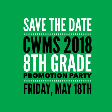 Hey Charger Parents! 🐎
Come join us for our first 8th Grade Promotion Party Meeting on 9/13 at 7pm in the CW MPR >> cwms.schoolloop.com/promoparty2018