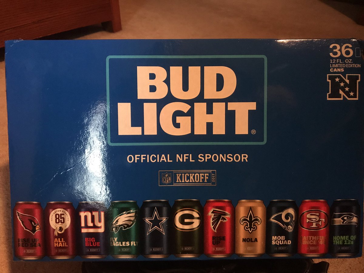 TDtommy77's tweet photo. Pretty sweet!  Collectors edition!  Leave em full and unopened or drink from bottom?  @NFL @budlight @AnheuserBusch #Decision2017 https://t.co/1O8pTwpKDK