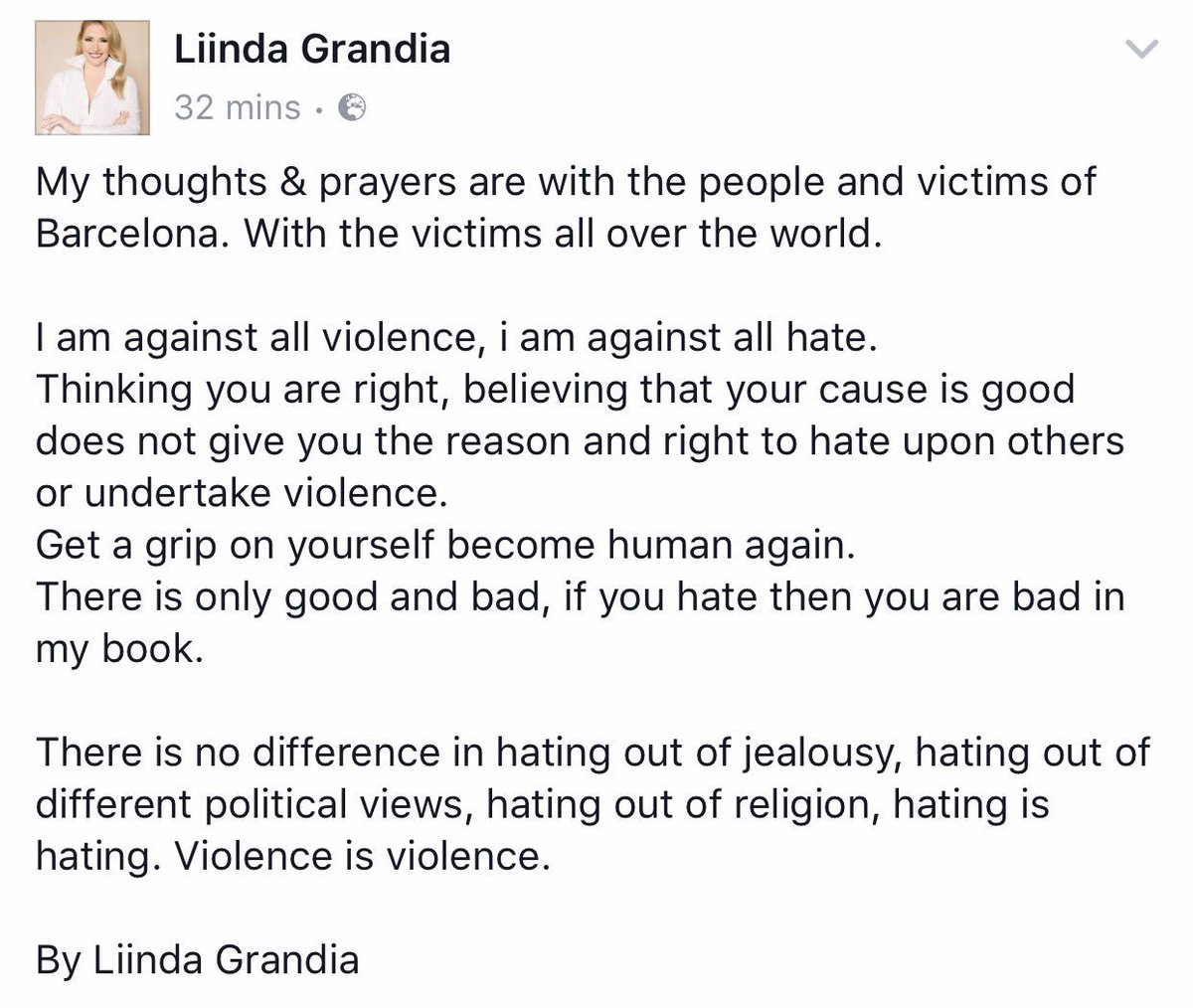 LiindaGrandia's tweet photo. #nohate #BarcelonaAttack #world https://t.co/nORHijxvk9